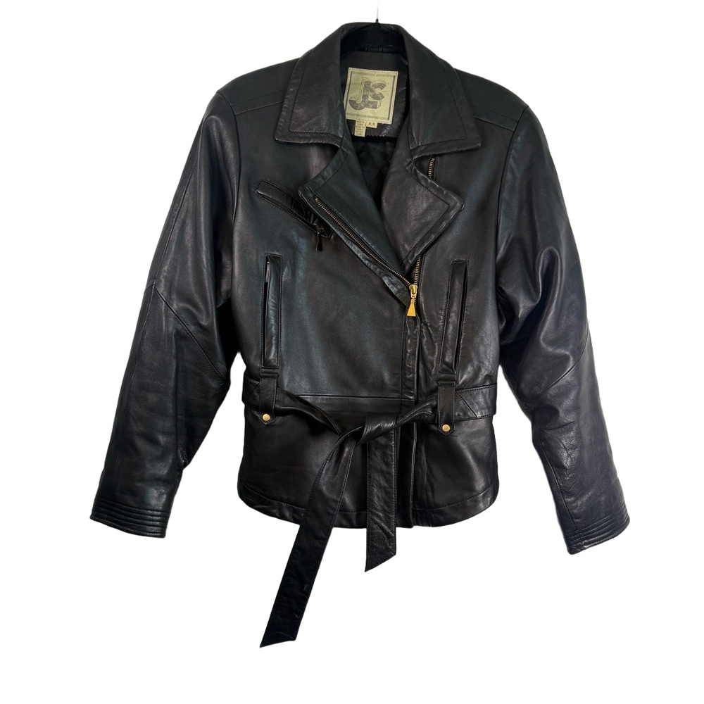 Vintage Black Leather Biker Jacket Womens Size M Black Moto Belted 80s Harley